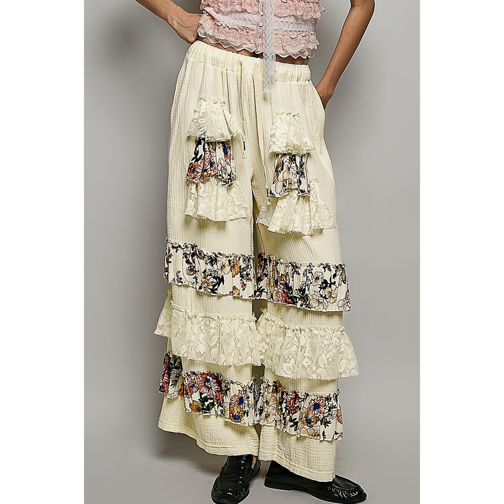 UWP94 N Pol Wide Pants Double Gauze Print & Lace Ruffle Elastic Waist Var Sz
